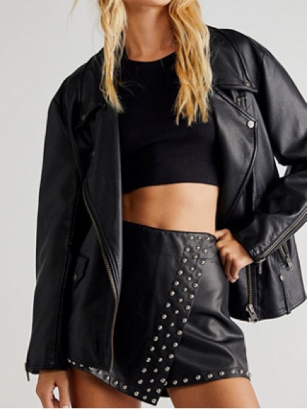 Free People Studded Emmy Faux Leather Black Mini Skort — Size 4
